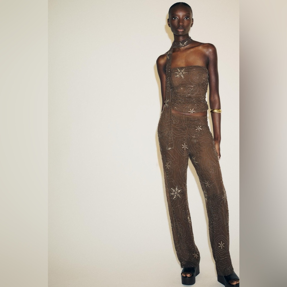 Zara Brown Beaded Strapless Crop Top